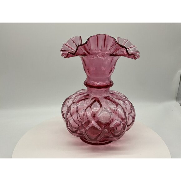 FENTON Cranberry Melon Vase Art Glass Optic Coin Dot Vase Ruffled Edge 8" Tall - Picture 13 of 16